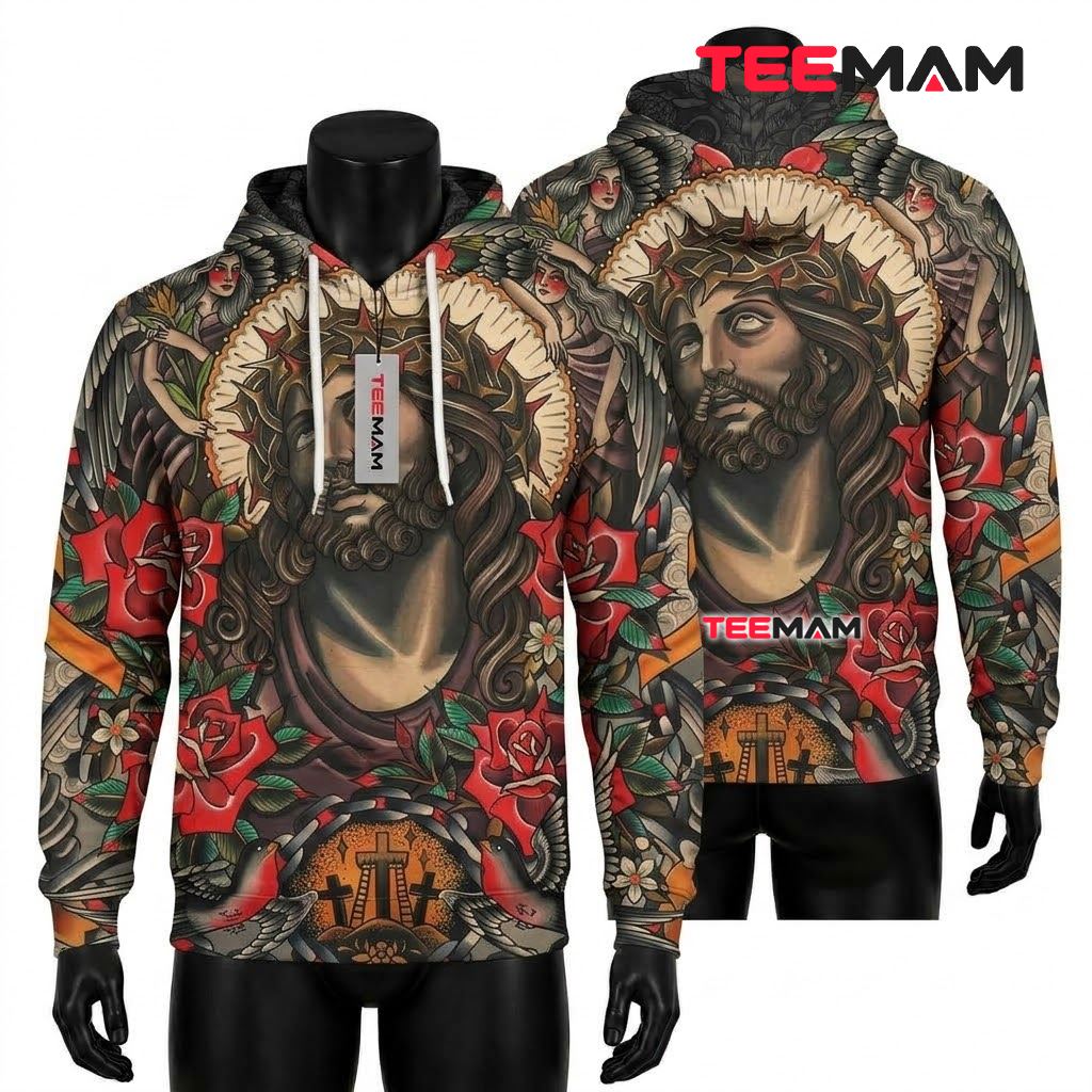 Jesus All Over Print 3D Hoodie Halo Rose Angel Tattoo Art Front