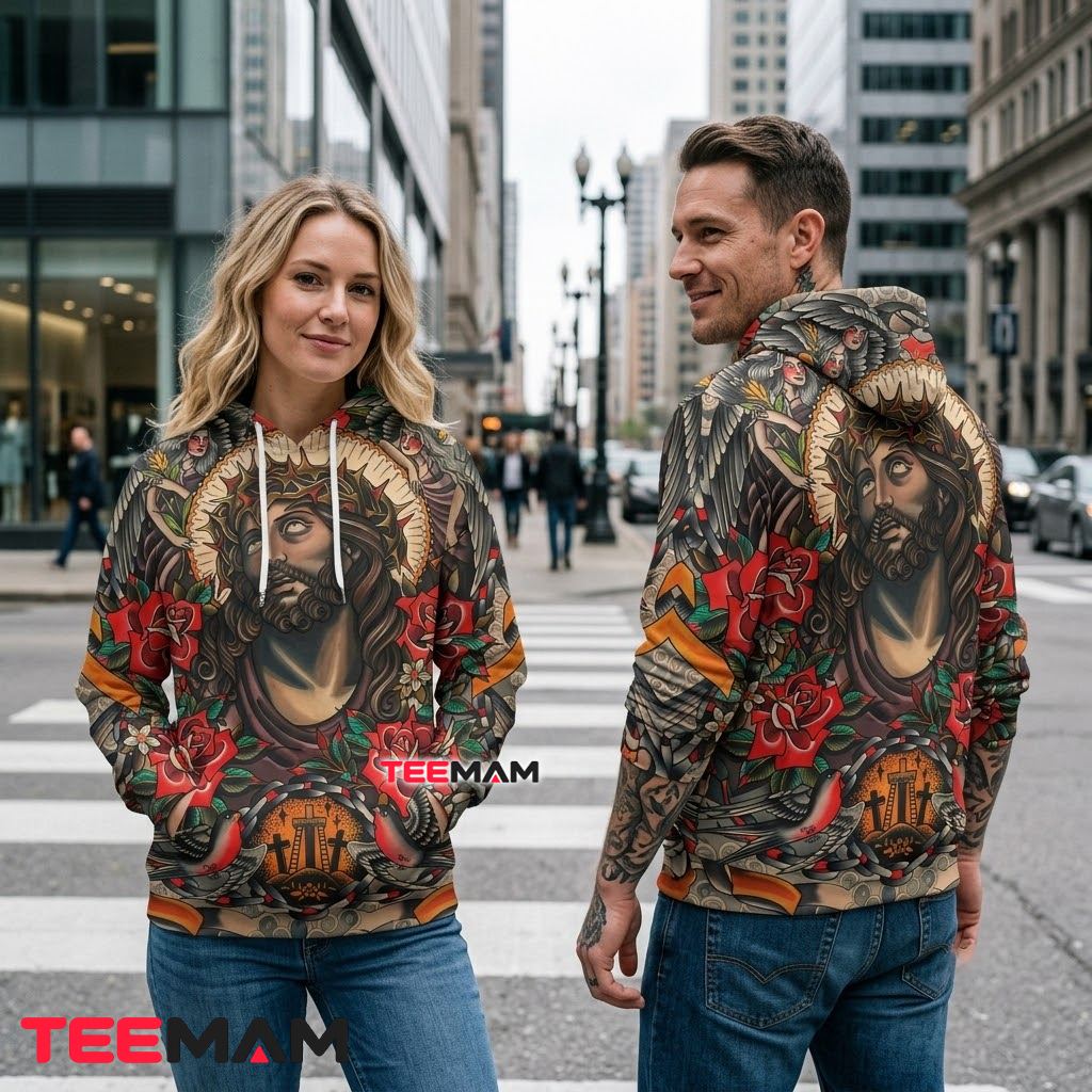 Jesus All Over Print 3D Hoodie Halo Rose Angel Tattoo Art Back Jesus All Over Print 3D Hoodie Halo Rose Angel Tattoo Art Back