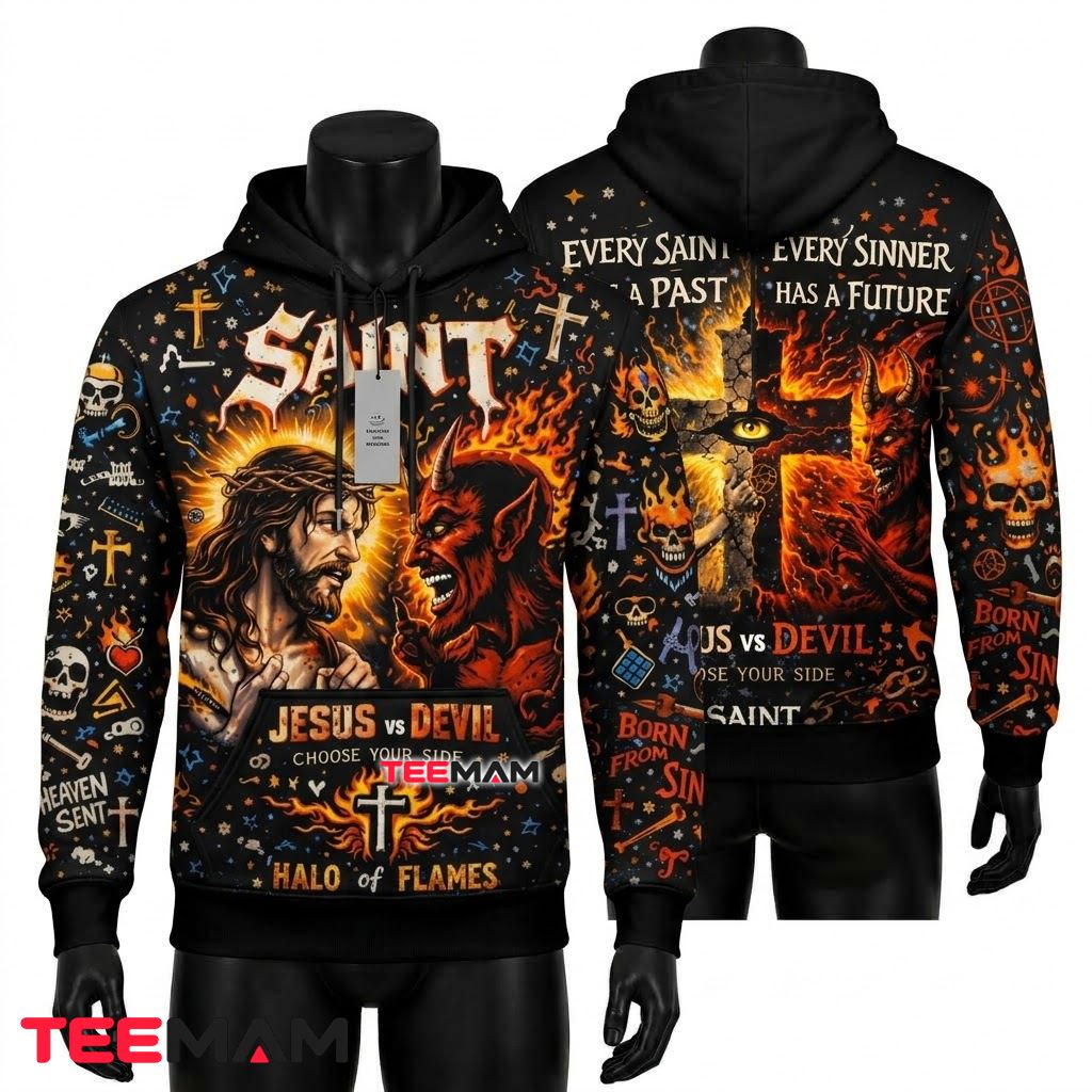 Jesus All Over Print 3D Hoodie Jesus Vs Devil Halo Flames Front