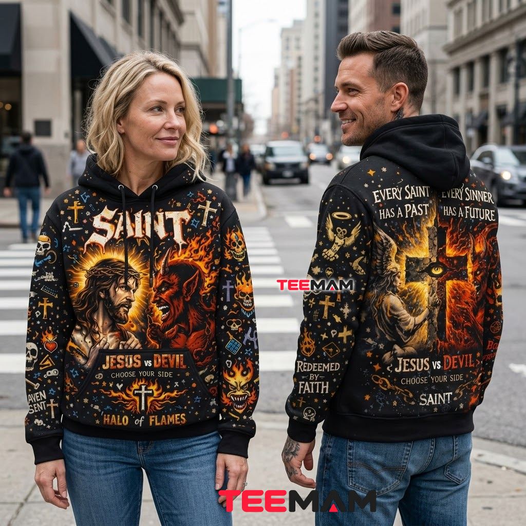 Jesus All Over Print 3D Hoodie Jesus Vs Devil Halo Flames Back Jesus All Over Print 3D Hoodie Jesus Vs Devil Halo Flames Back