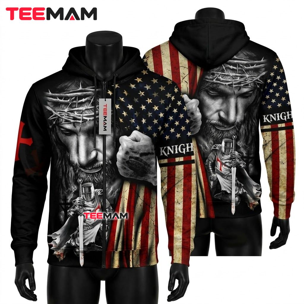 Jesus All Over Print 3D Hoodie Knight Templar American Flag Front