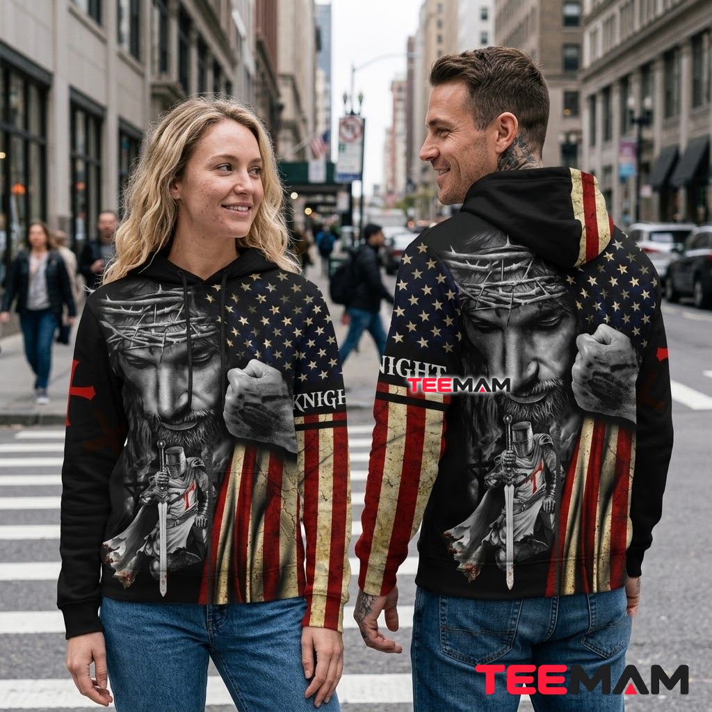 Jesus All Over Print 3D Hoodie Knight Templar American Flag Back Jesus All Over Print 3D Hoodie Knight Templar American Flag Back