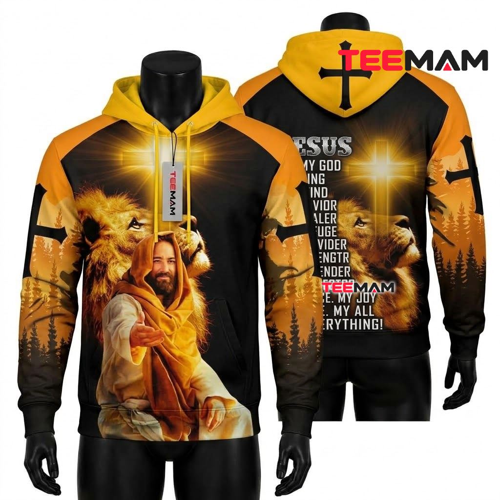 Jesus All Over Print 3D Hoodie Lion Cross Golden Light Front