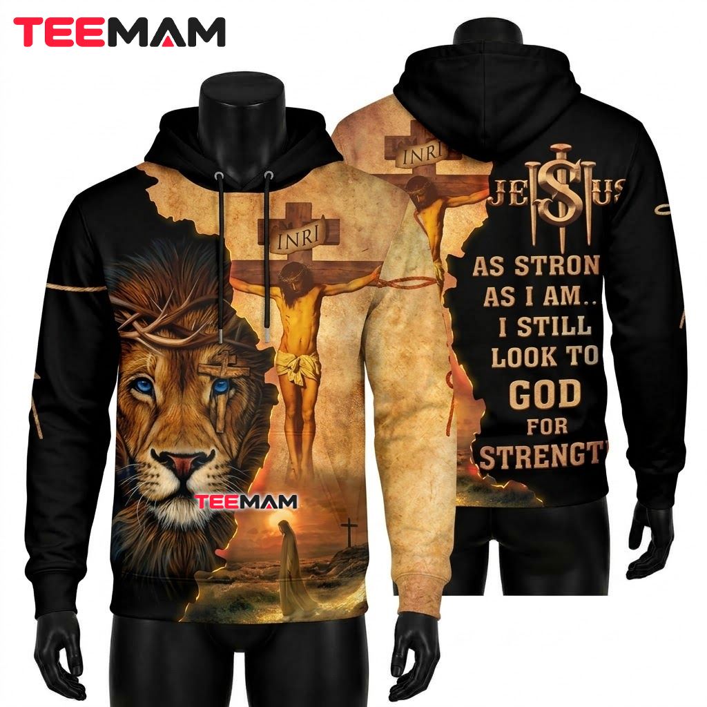 Jesus All Over Print 3D Hoodie Lion Crucifix Strong Strength Front