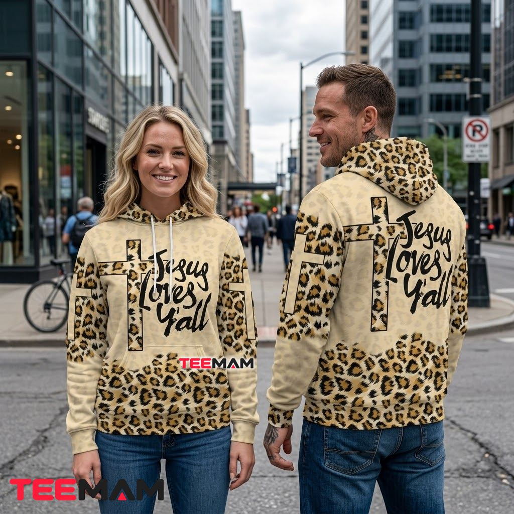 Jesus All Over Print 3D Hoodie Loves Y'all Leopard Print Back Jesus All Over Print 3D Hoodie Loves Y'all Leopard Print Back