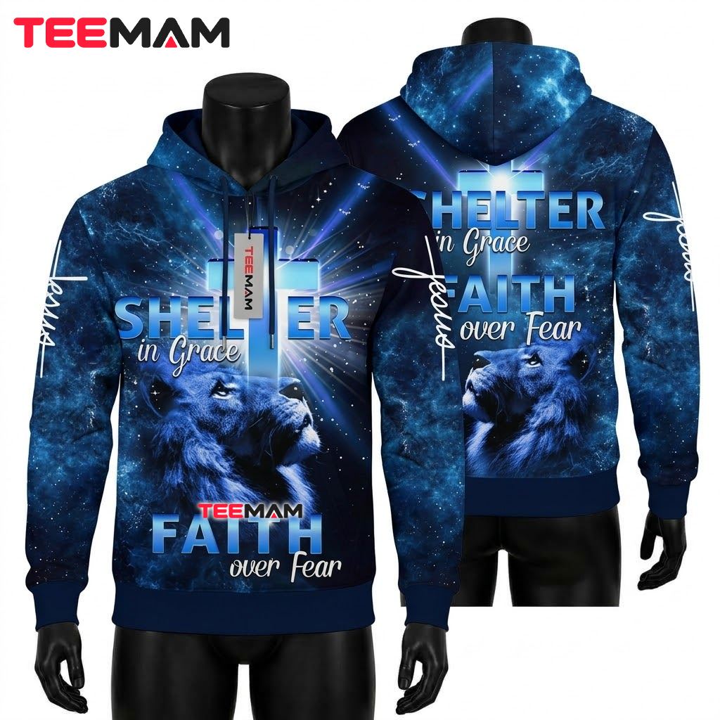 Jesus All Over Print 3D Hoodie Shelter In Grace Blue Lion Front