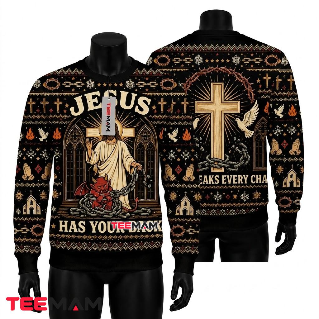 Jesus Ugly Christmas Sweater Has Your Back Cross Chain Print Front