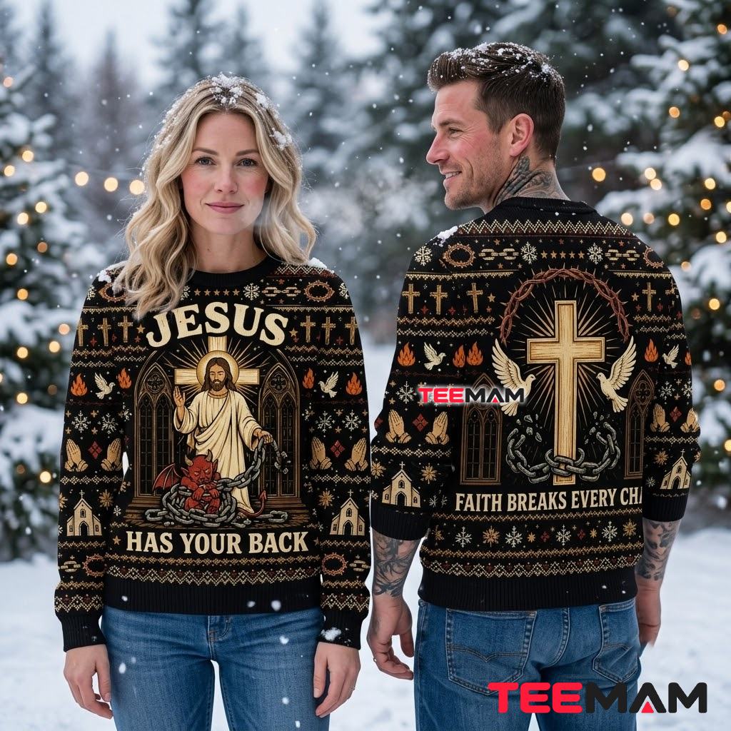 Jesus Ugly Christmas Sweater Has Your Back Cross Chain Print Back Jesus Ugly Christmas Sweater Has Your Back Cross Chain Print Back