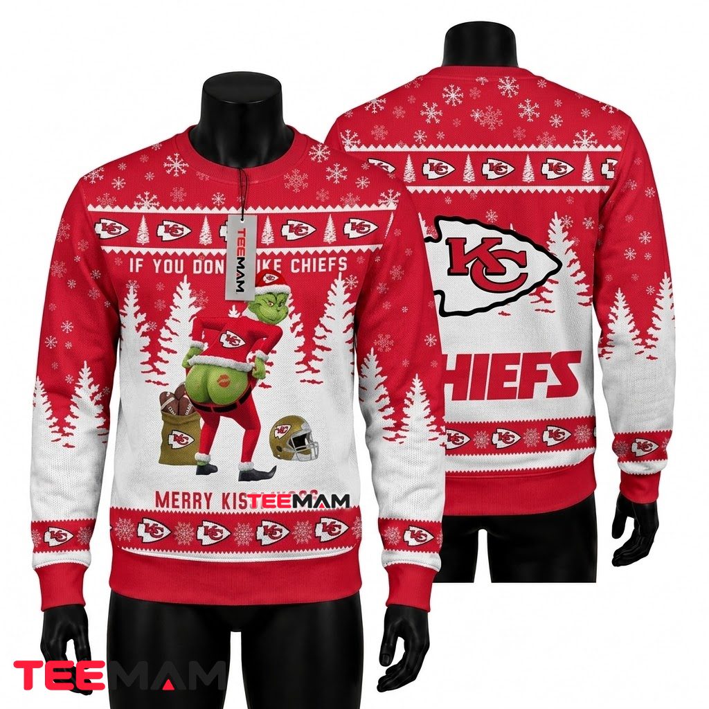 Kansas City Chiefs Christmas Ugly Sweater Grinch Kiss My Ass Design Front