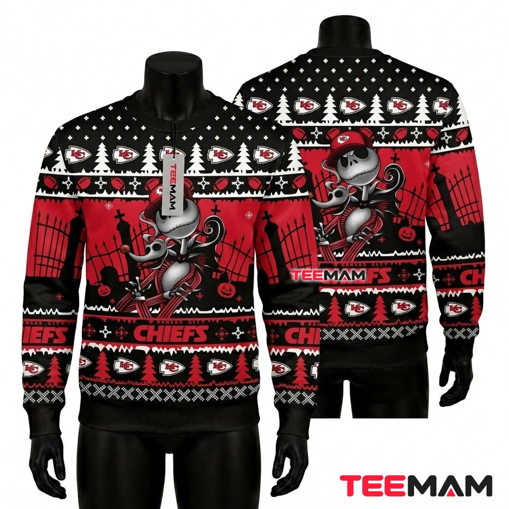 Kansas City Chiefs Christmas Ugly Sweater Jack Skellington Sitting Design Front