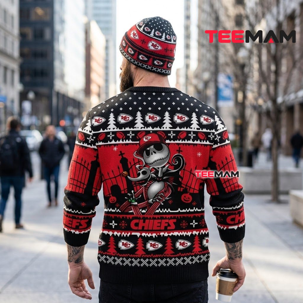 Kansas City Chiefs Christmas Ugly Sweater Jack Skellington Sitting Design Version 3 Kansas City Chiefs Christmas Ugly Sweater Jack Skellington Sitting Design Version 3