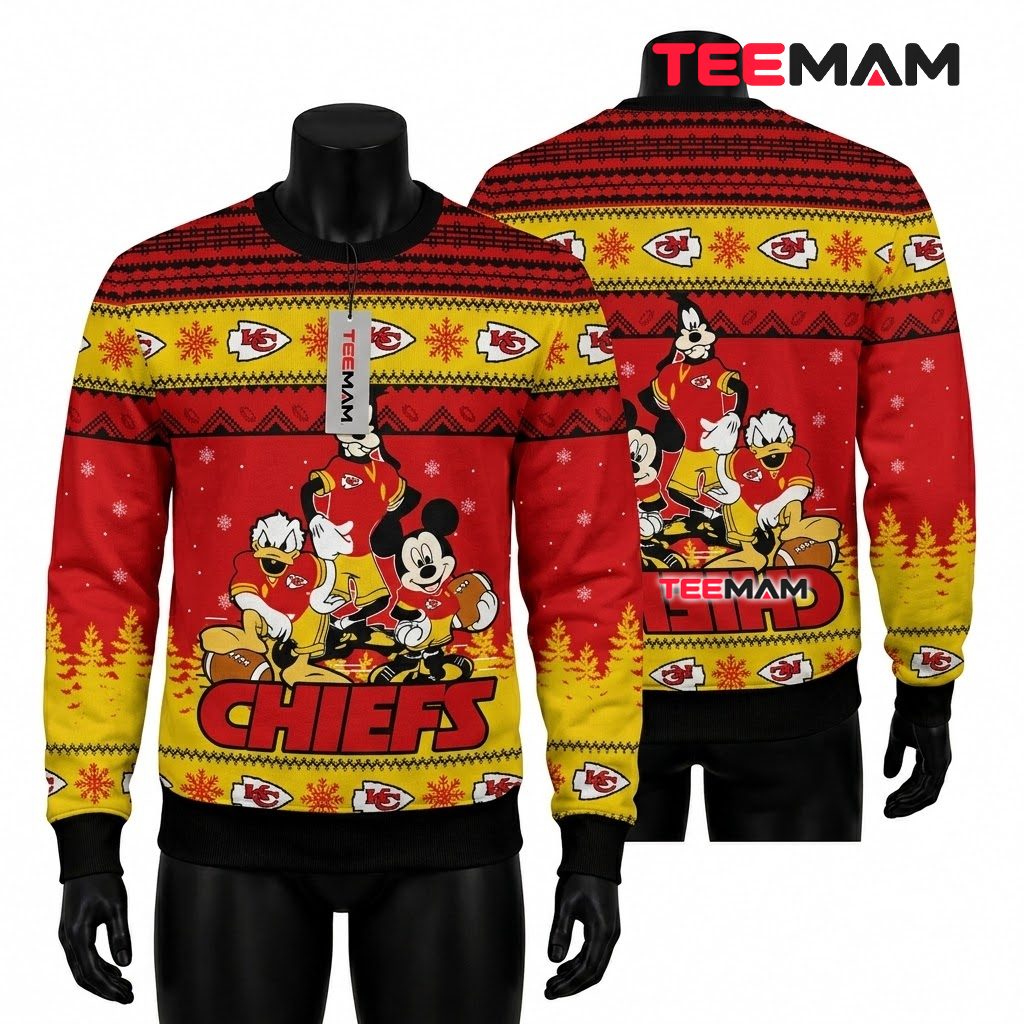 Kansas City Chiefs Christmas Ugly Sweater Mickey Friends Squad Design Front