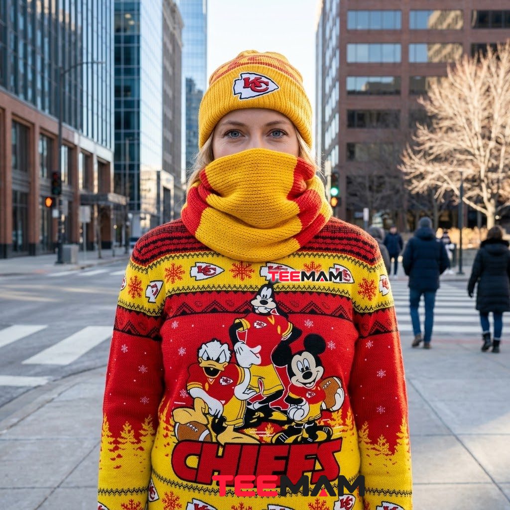 Kansas City Chiefs Christmas Ugly Sweater Mickey Friends Squad Design Back Kansas City Chiefs Christmas Ugly Sweater Mickey Friends Squad Design Back