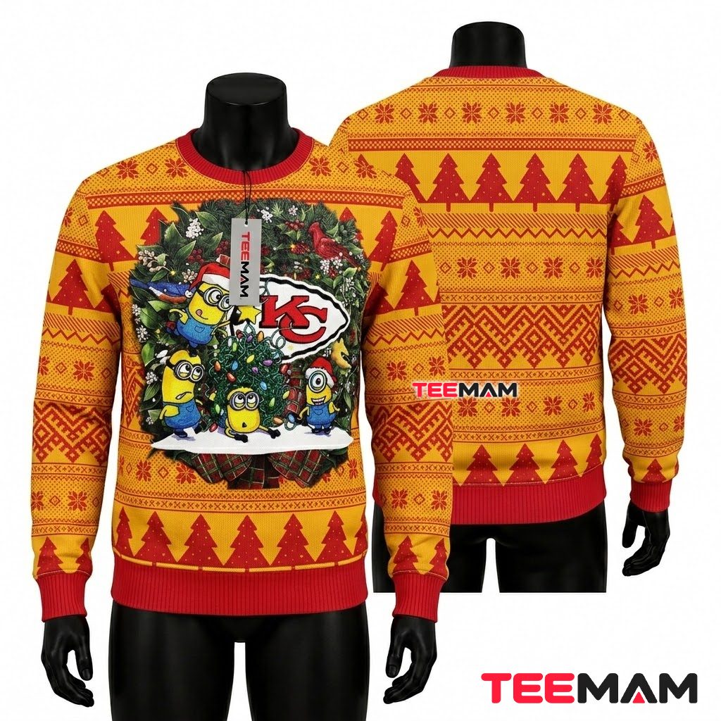 Kansas City Chiefs Christmas Ugly Sweater Minions Wreath Design Front