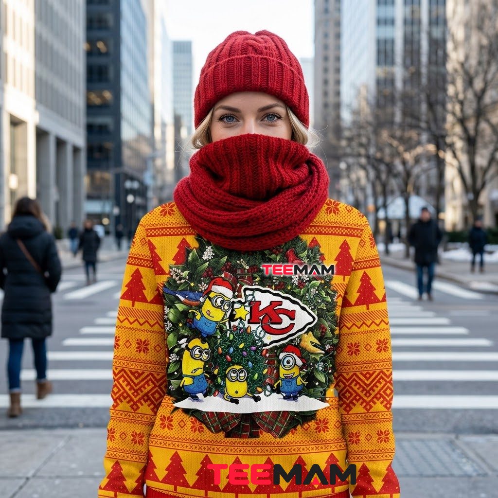 Kansas City Chiefs Christmas Ugly Sweater Minions Wreath Design Back Kansas City Chiefs Christmas Ugly Sweater Minions Wreath Design Back