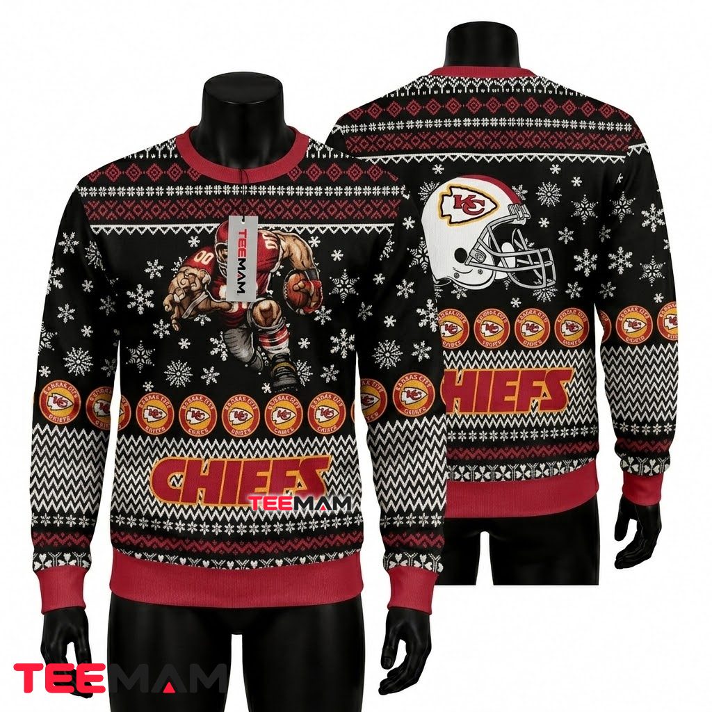 Kansas City Chiefs Christmas Ugly Sweater Player Running Helmet Design Front