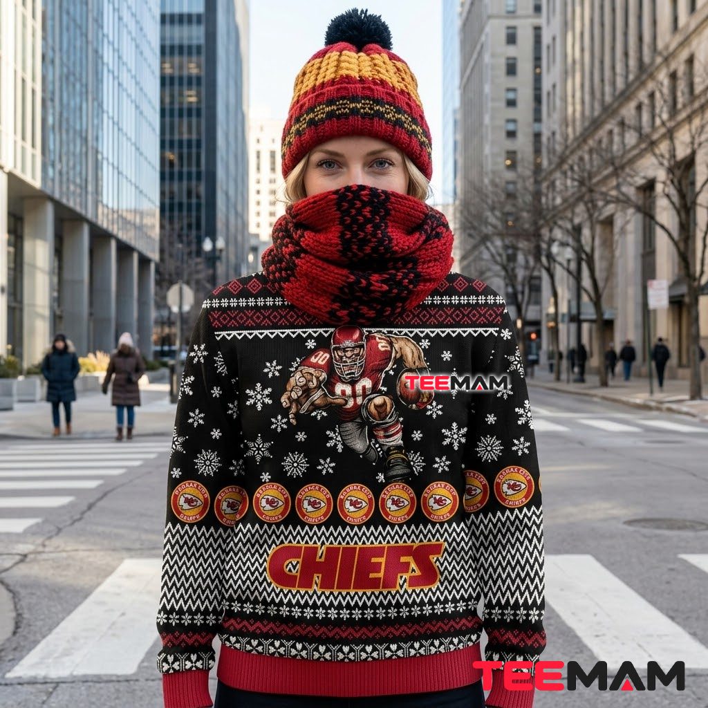 Kansas City Chiefs Christmas Ugly Sweater Player Running Helmet Design Back Kansas City Chiefs Christmas Ugly Sweater Player Running Helmet Design Back
