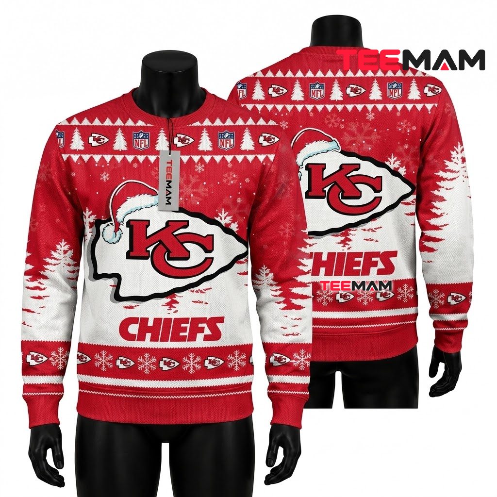 Kansas City Chiefs Christmas Ugly Sweater Santa Hat Logo Design Front