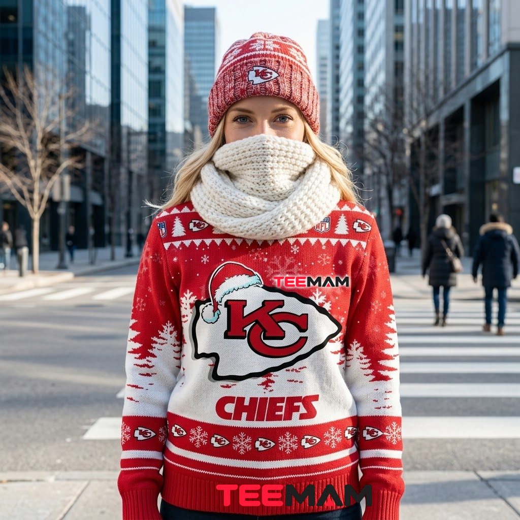 Kansas City Chiefs Christmas Ugly Sweater Santa Hat Logo Design Back Kansas City Chiefs Christmas Ugly Sweater Santa Hat Logo Design Back