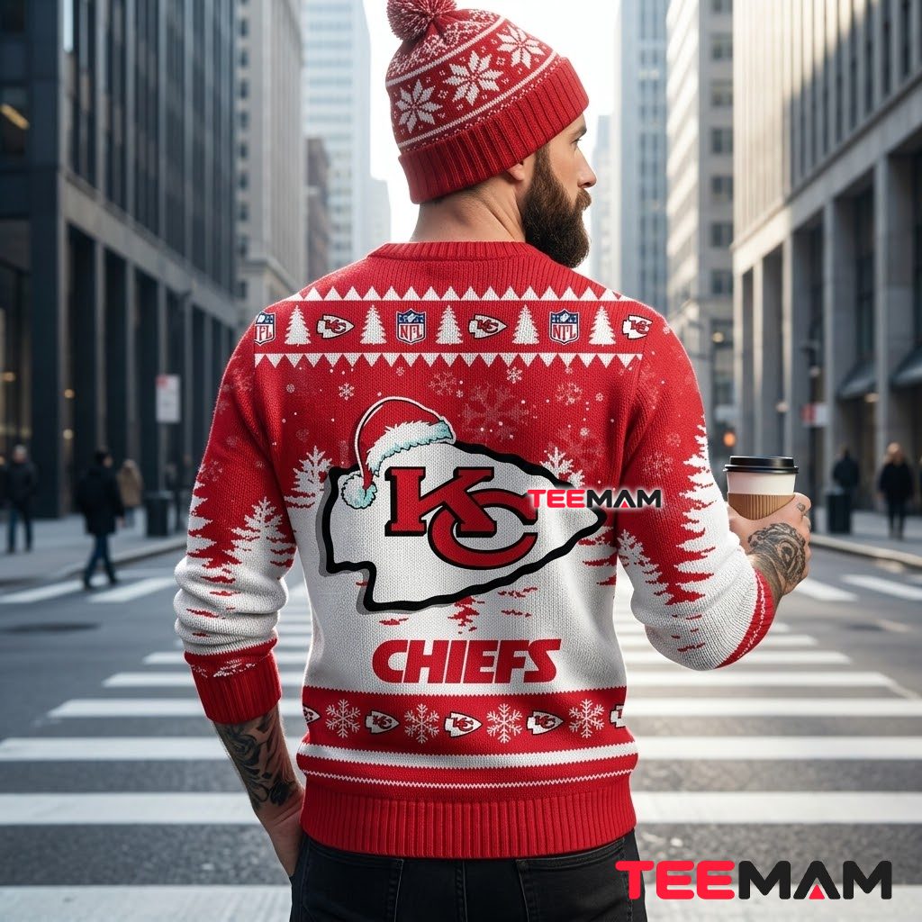 Kansas City Chiefs Christmas Ugly Sweater Santa Hat Logo Design Version 3 Kansas City Chiefs Christmas Ugly Sweater Santa Hat Logo Design Version 3
