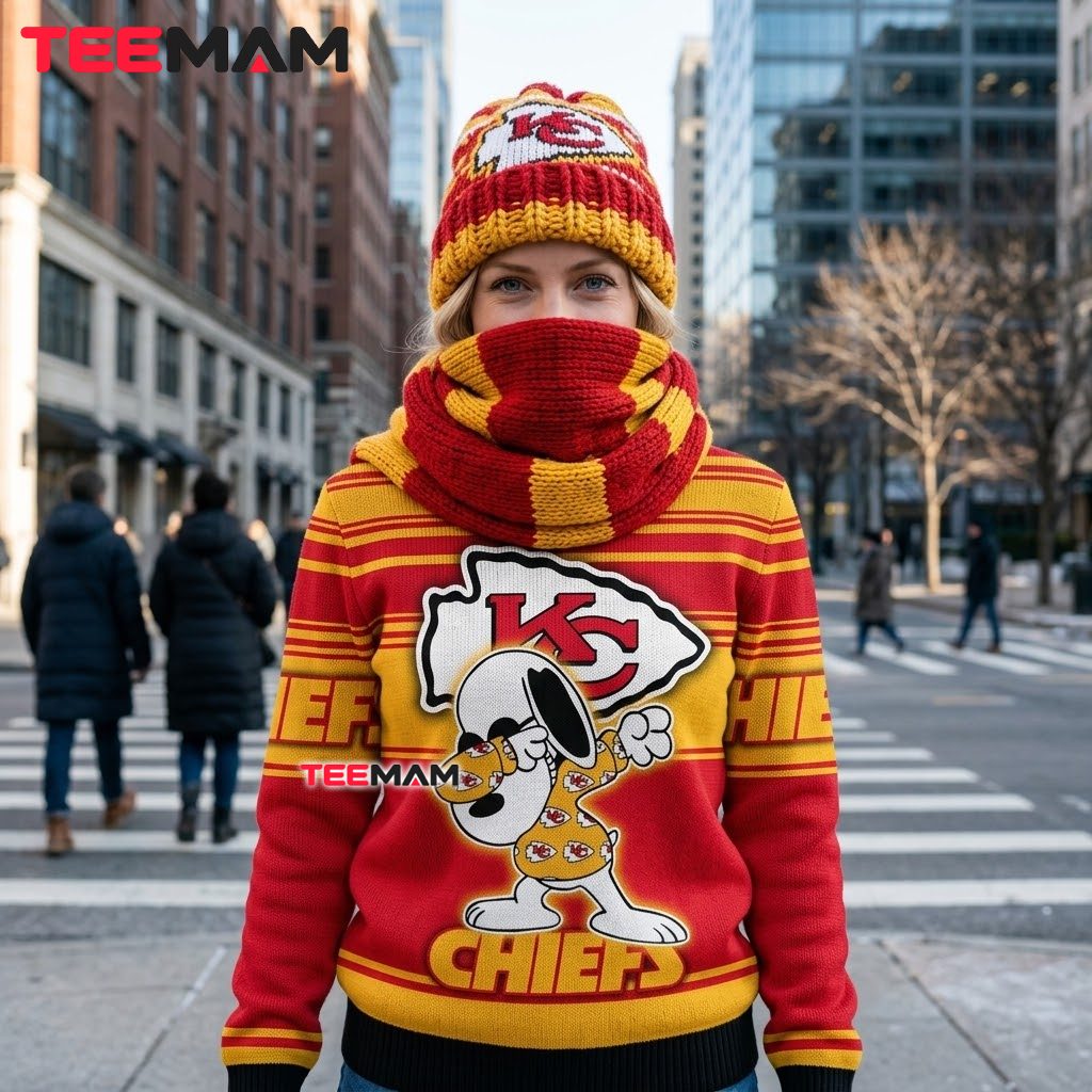 Kansas City Chiefs Christmas Ugly Sweater Snoopy Dabbing Pose Design Back Kansas City Chiefs Christmas Ugly Sweater Snoopy Dabbing Pose Design Back