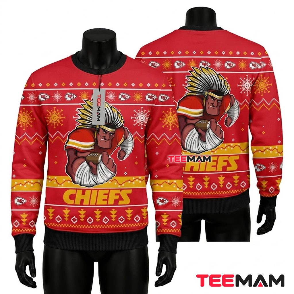 Kansas City Chiefs Christmas Ugly Sweater Warrior Mascot Running Design Front