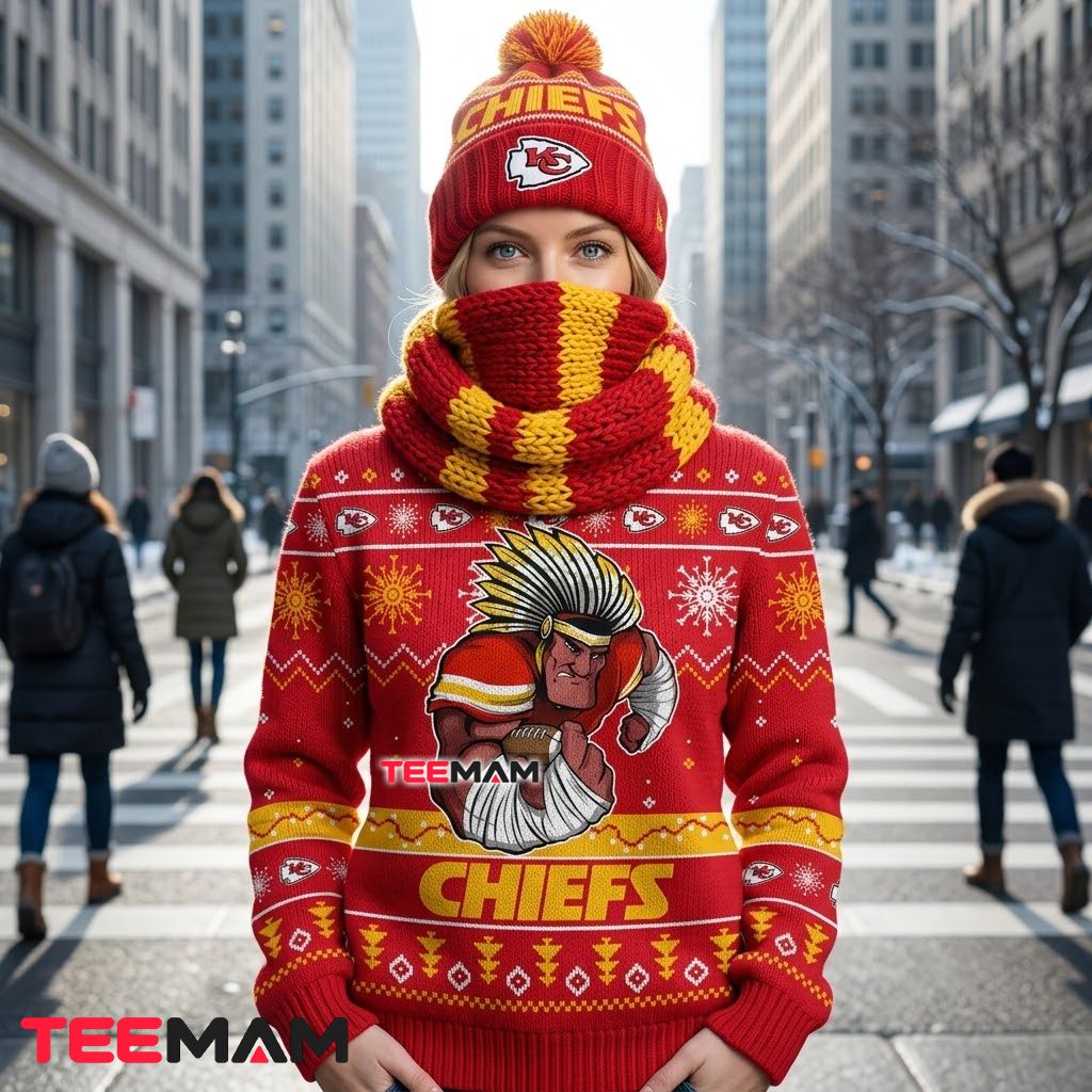 Kansas City Chiefs Christmas Ugly Sweater Warrior Mascot Running Design Back Kansas City Chiefs Christmas Ugly Sweater Warrior Mascot Running Design Back