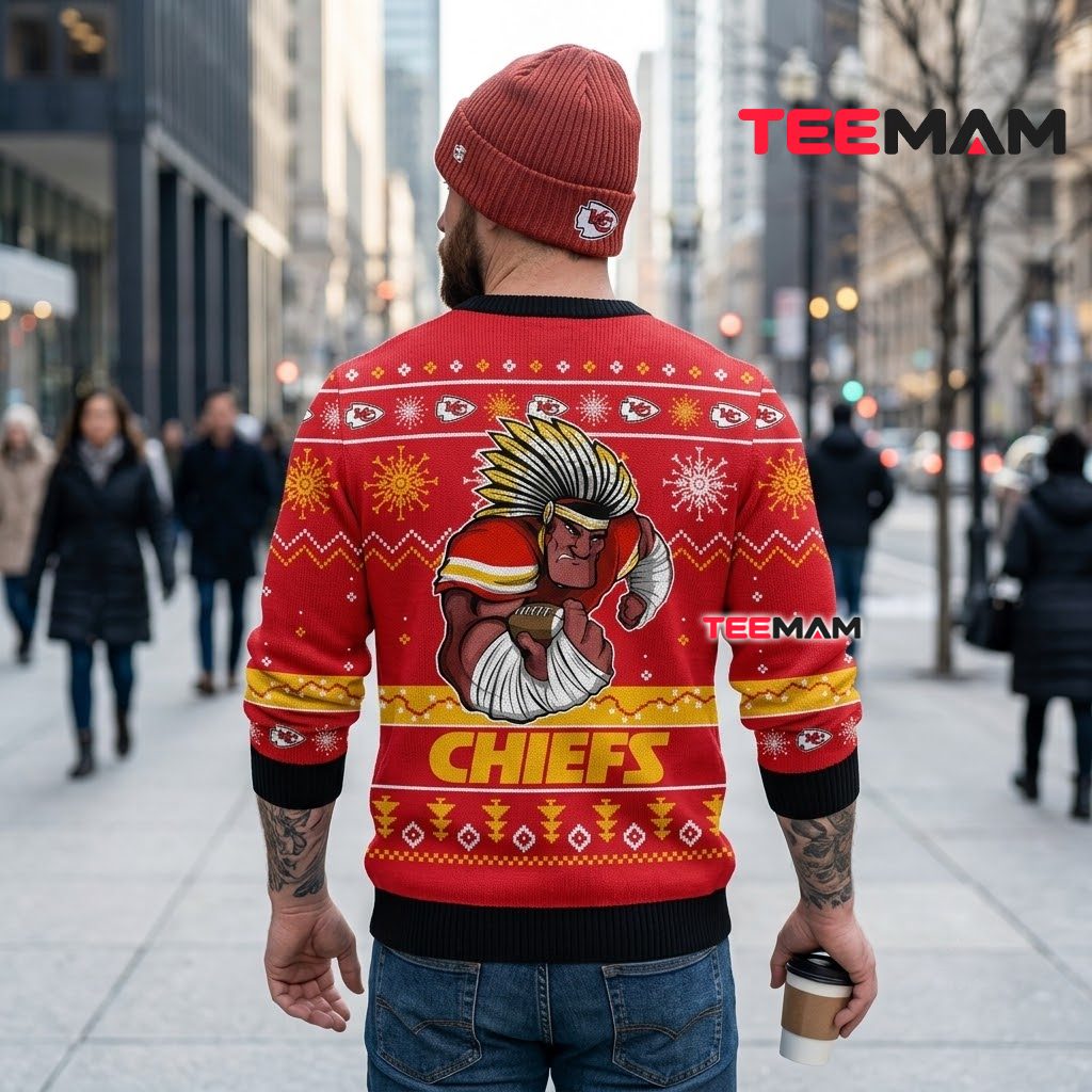 Kansas City Chiefs Christmas Ugly Sweater Warrior Mascot Running Design Version 3 Kansas City Chiefs Christmas Ugly Sweater Warrior Mascot Running Design Version 3