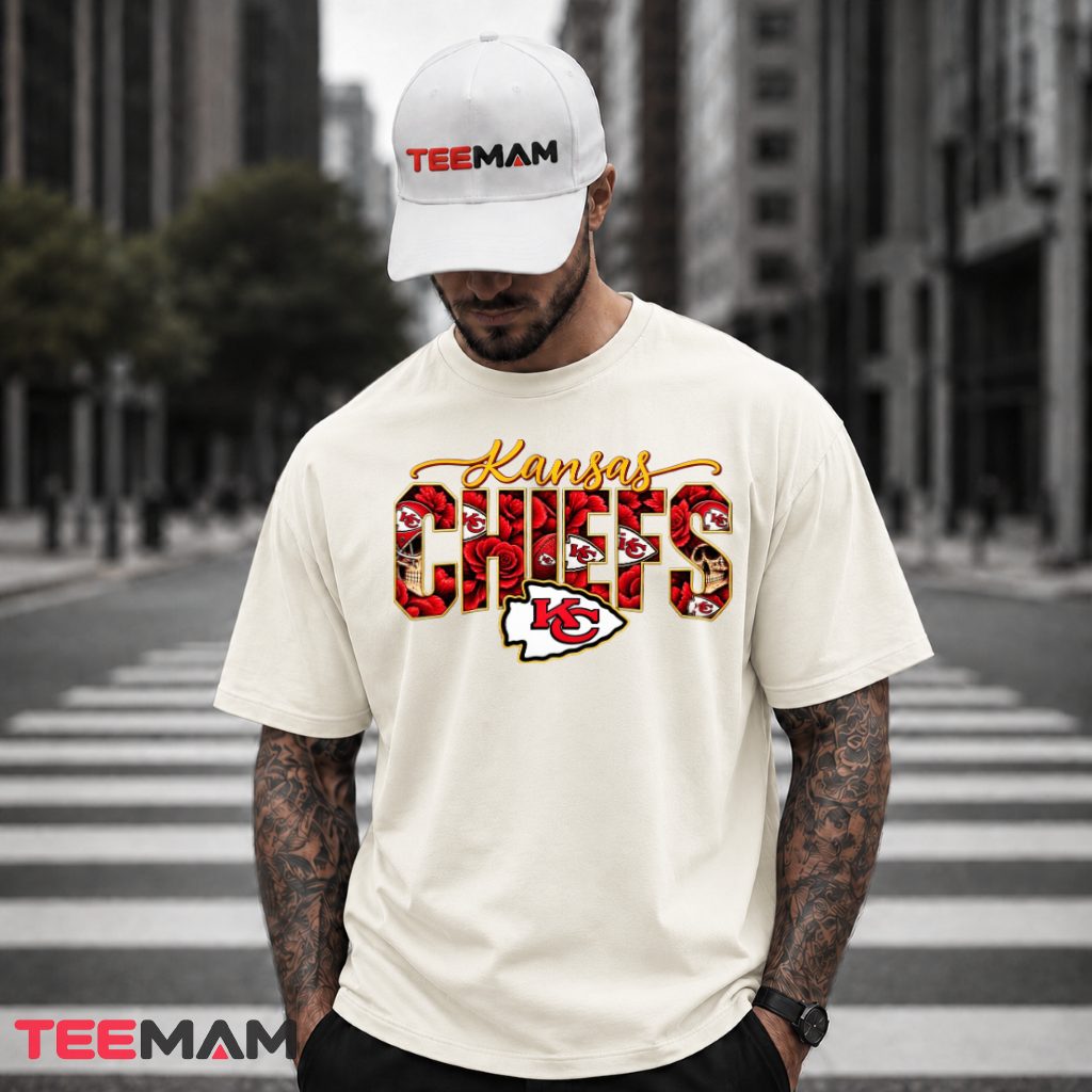 Kansas City Chiefs Floral Skull Typography T-Shirt