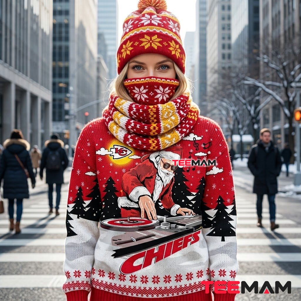 Kansas City Chiefs Ugly Christmas Sweater DJ Santa Turntable Design Back Kansas City Chiefs Ugly Christmas Sweater DJ Santa Turntable Design Back