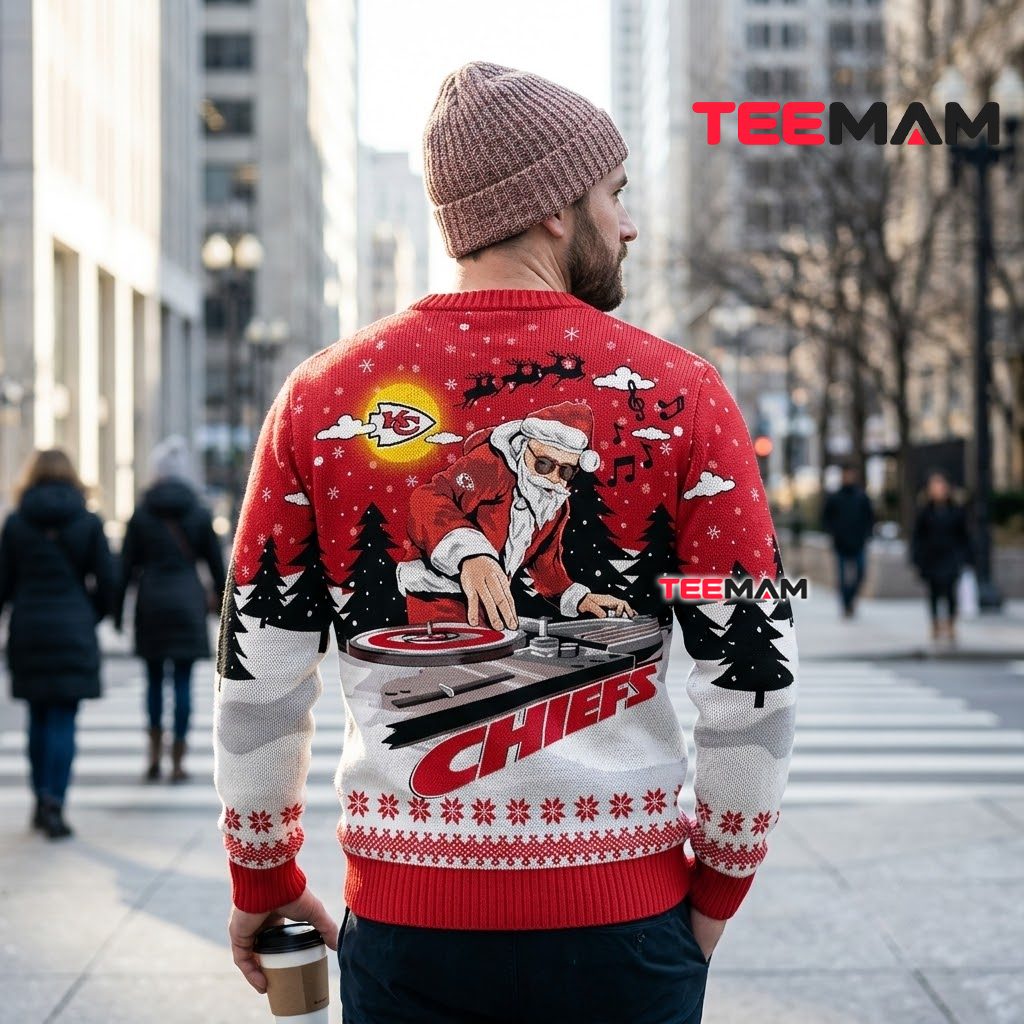 Kansas City Chiefs Ugly Christmas Sweater DJ Santa Turntable Design Version 3 Kansas City Chiefs Ugly Christmas Sweater DJ Santa Turntable Design Version 3