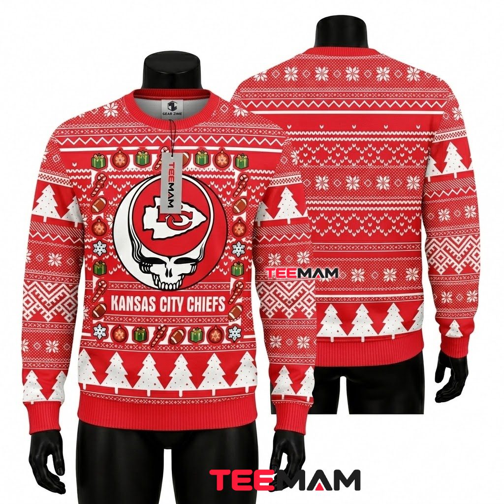 Kansas City Chiefs Ugly Christmas Sweater Grateful Dead Skull Design Front