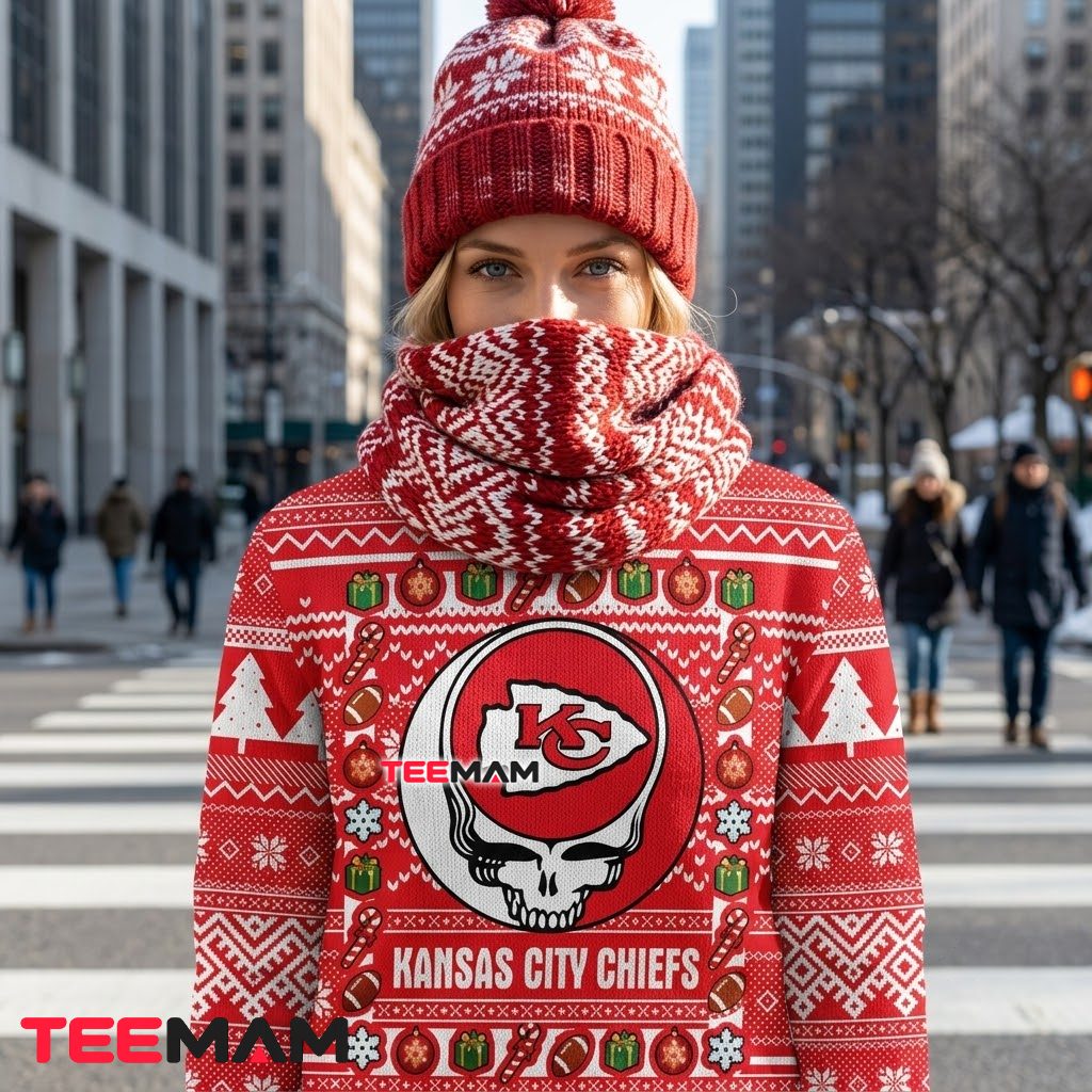 Kansas City Chiefs Ugly Christmas Sweater Grateful Dead Skull Design Back Kansas City Chiefs Ugly Christmas Sweater Grateful Dead Skull Design Back