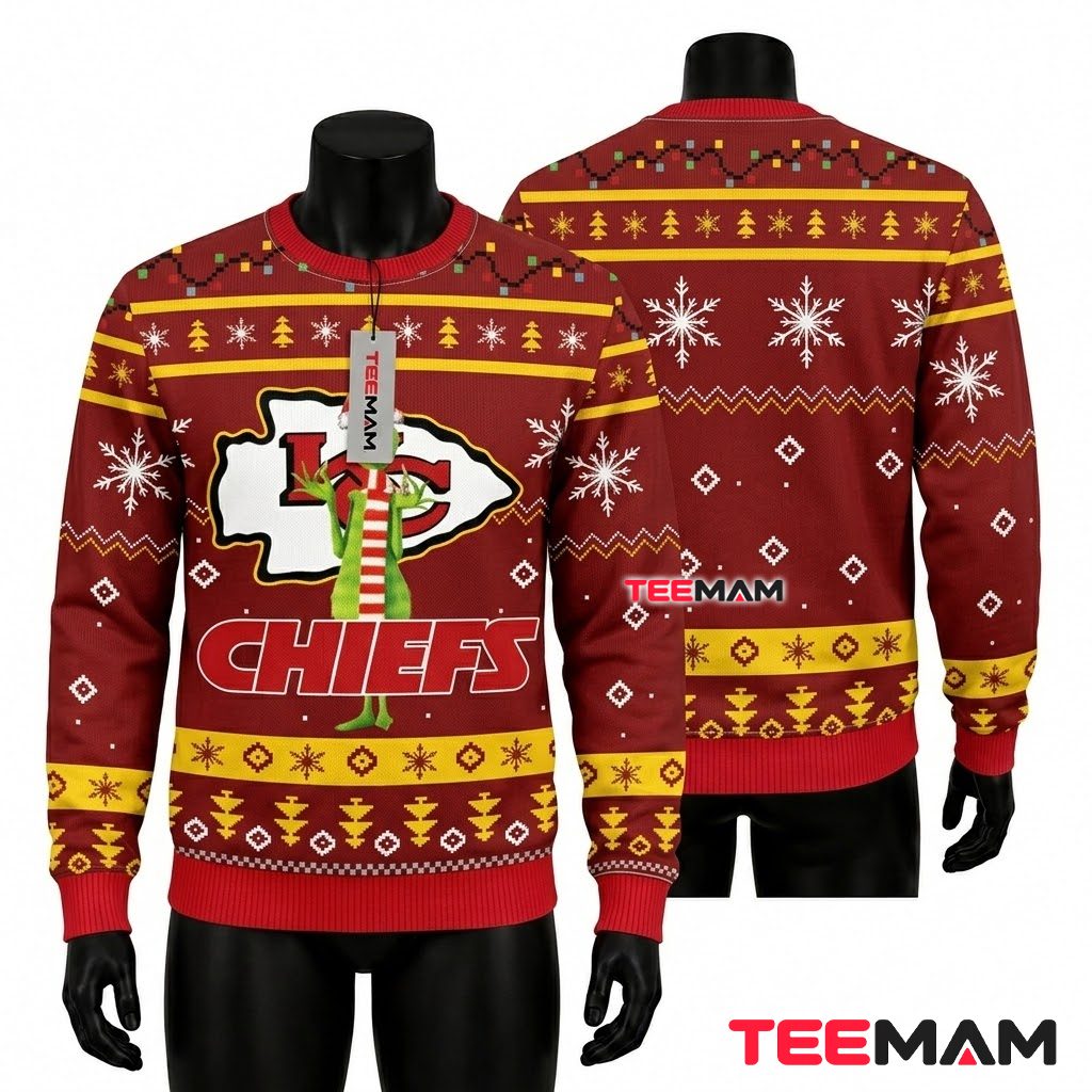 Kansas City Chiefs Ugly Christmas Sweater Grinch Scarf Logo Design Front