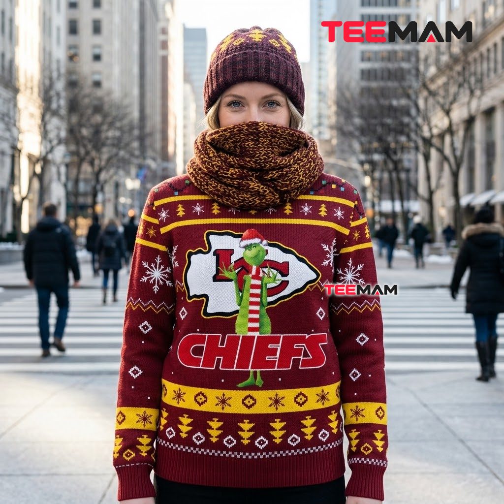 Kansas City Chiefs Ugly Christmas Sweater Grinch Scarf Logo Design Back Kansas City Chiefs Ugly Christmas Sweater Grinch Scarf Logo Design Back