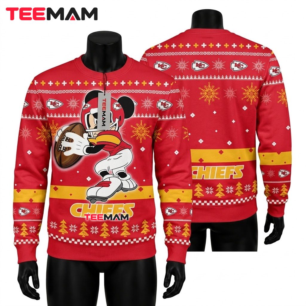 Kansas City Chiefs Ugly Christmas Sweater Mickey Football Pose Design Front