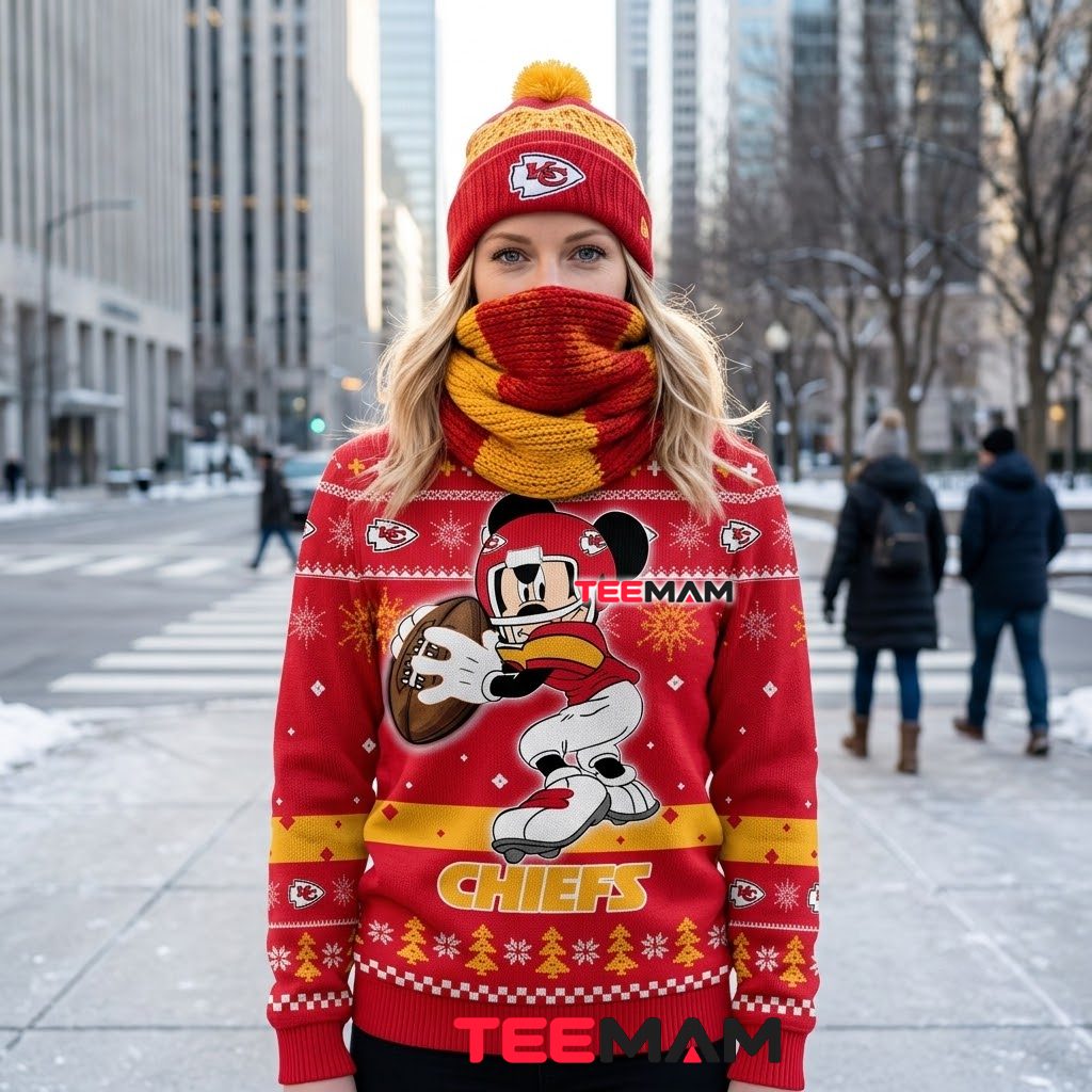 Kansas City Chiefs Ugly Christmas Sweater Mickey Football Pose Design Back Kansas City Chiefs Ugly Christmas Sweater Mickey Football Pose Design Back