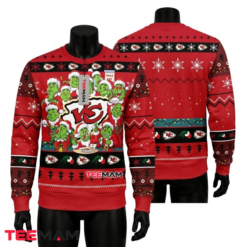Kansas City Chiefs Ugly Christmas Sweater Multiple Grinch Faces Design Front