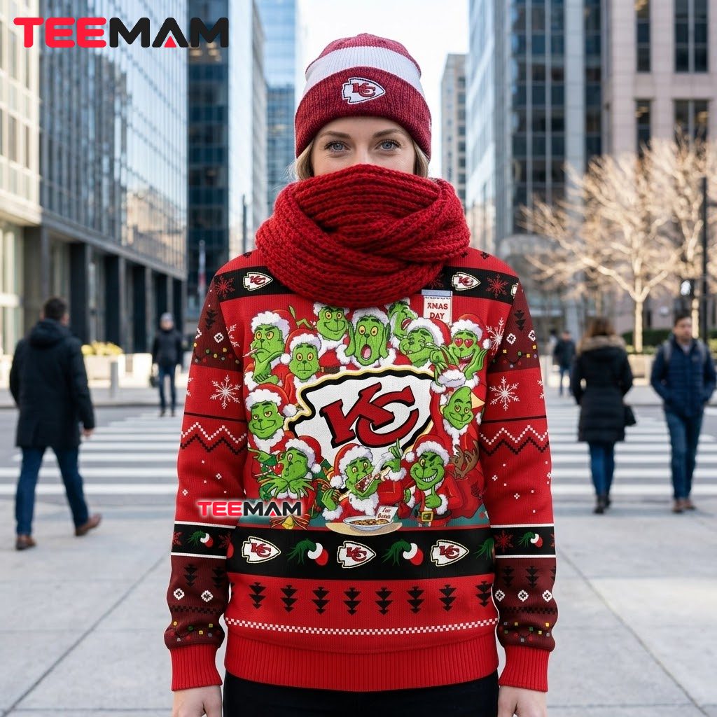 Kansas City Chiefs Ugly Christmas Sweater Multiple Grinch Faces Design Back Kansas City Chiefs Ugly Christmas Sweater Multiple Grinch Faces Design Back
