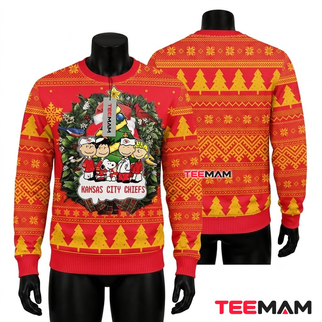 Kansas City Chiefs Ugly Christmas Sweater Peanuts Gang Wreath Design Front