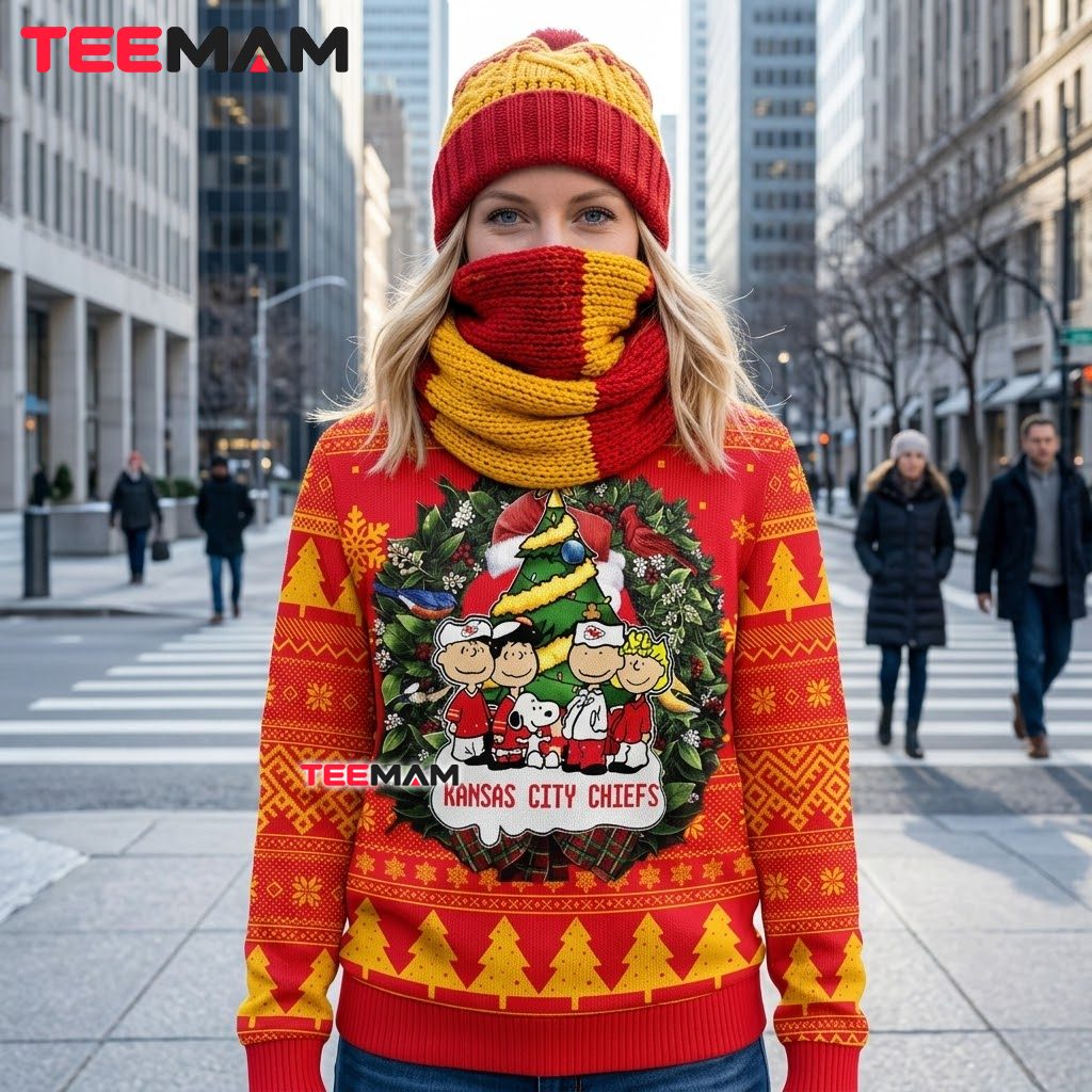 Kansas City Chiefs Ugly Christmas Sweater Peanuts Gang Wreath Design Back Kansas City Chiefs Ugly Christmas Sweater Peanuts Gang Wreath Design Back