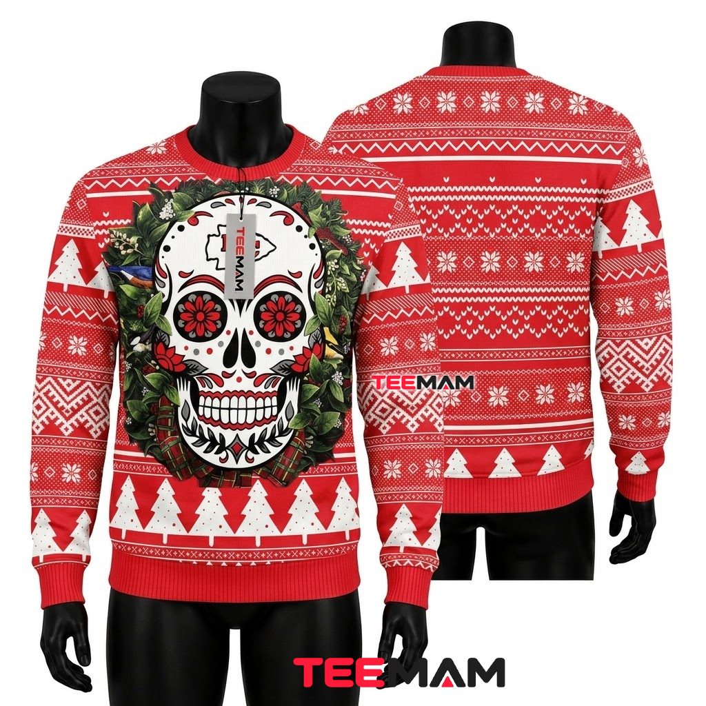 Kansas City Chiefs Ugly Christmas Sweater Sugar Skull Wreath Design Front