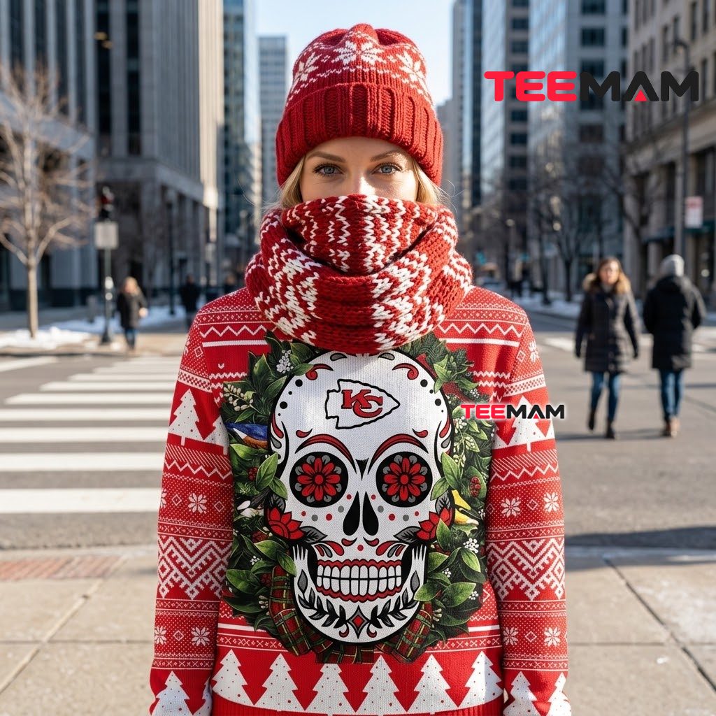 Kansas City Chiefs Ugly Christmas Sweater Sugar Skull Wreath Design Back Kansas City Chiefs Ugly Christmas Sweater Sugar Skull Wreath Design Back