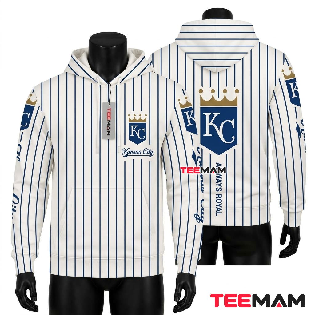 Kansas City Royals 3D Hoodie Pinstripe White Always Royal Front