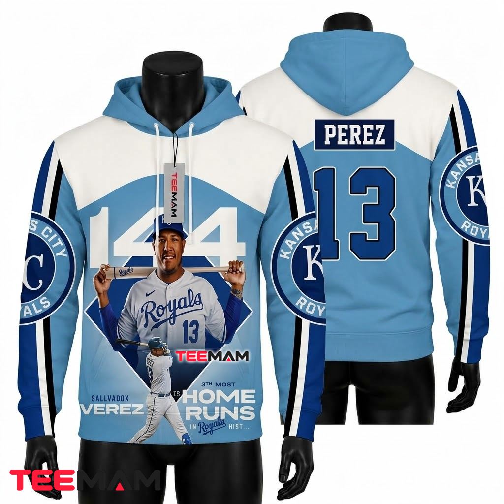 Kansas City Royals 3D Hoodie Salvador Perez 13 Home Runs Milestone Front