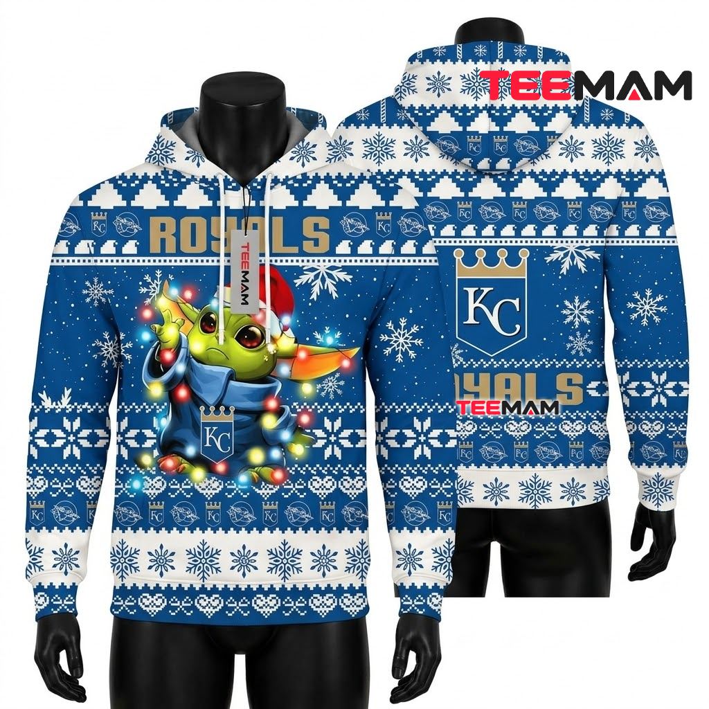 Kansas City Royals All Over Print 3D Hoodie Baby Yoda Christmas Lights Front
