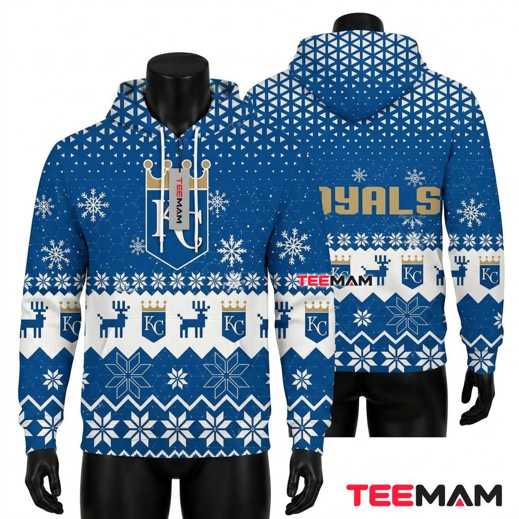 Kansas City Royals All Over Print 3D Hoodie Ugly Christmas Reindeer Snowflake Front