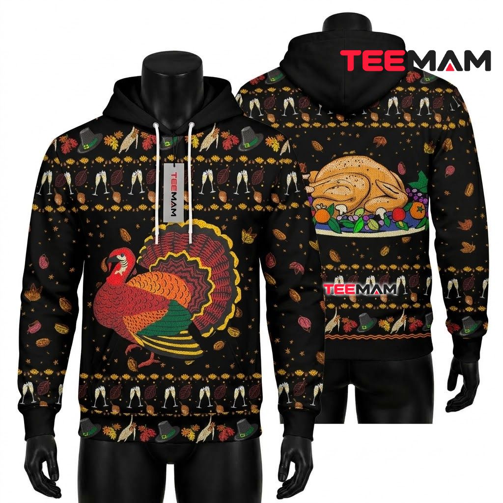 Knit Turkey Thanksgiving 3D Hoodie Front