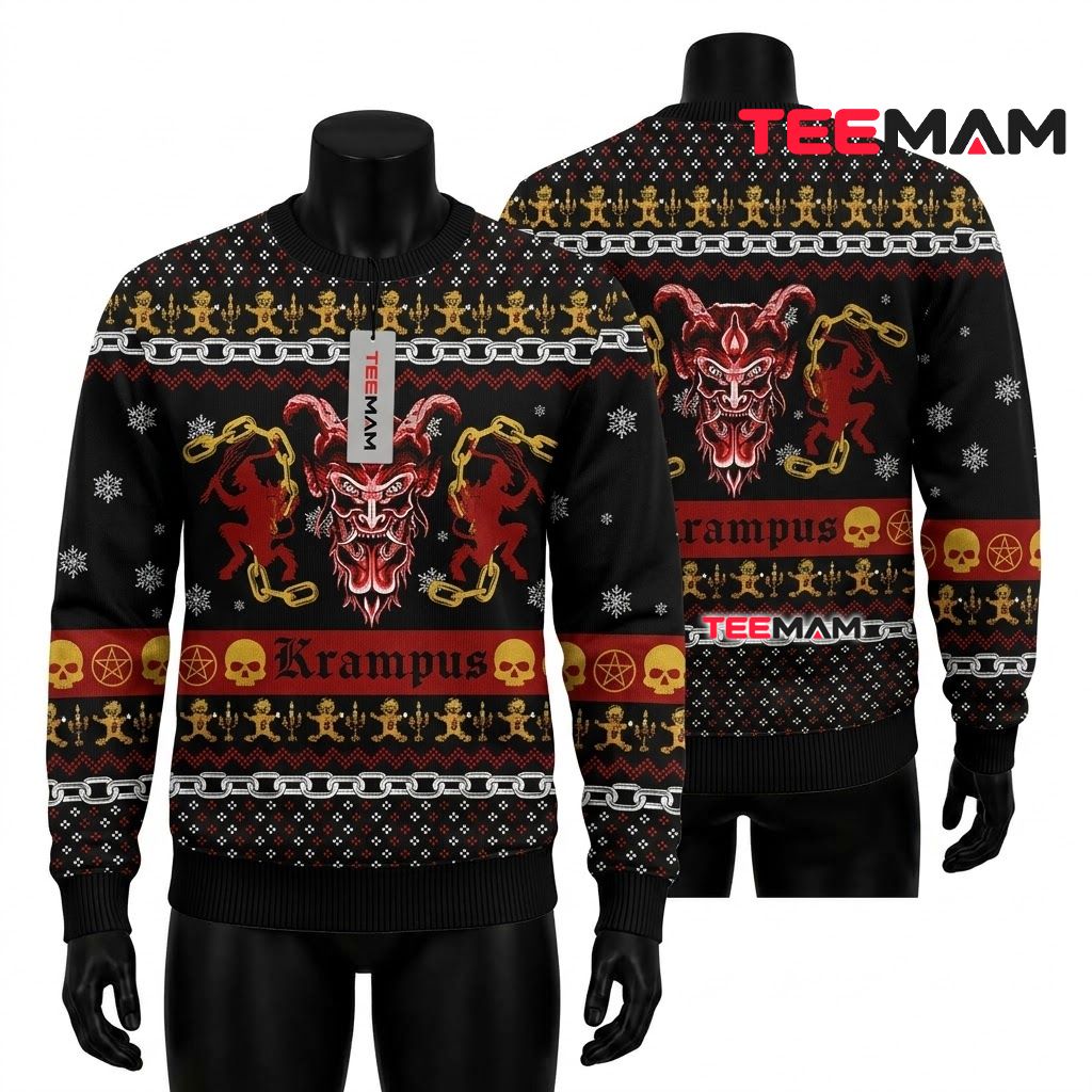 Krampus Ugly Halloween Sweater Skull Chain Red Pentagram Front