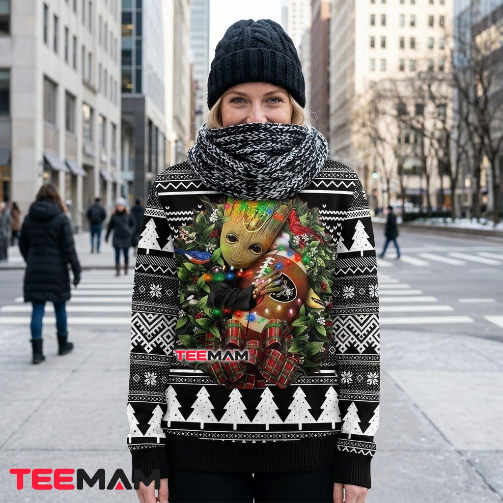 Las Vegas Raiders Ugly Christmas Sweater Baby Groot Wreath Back Las Vegas Raiders Ugly Christmas Sweater Baby Groot Wreath Back